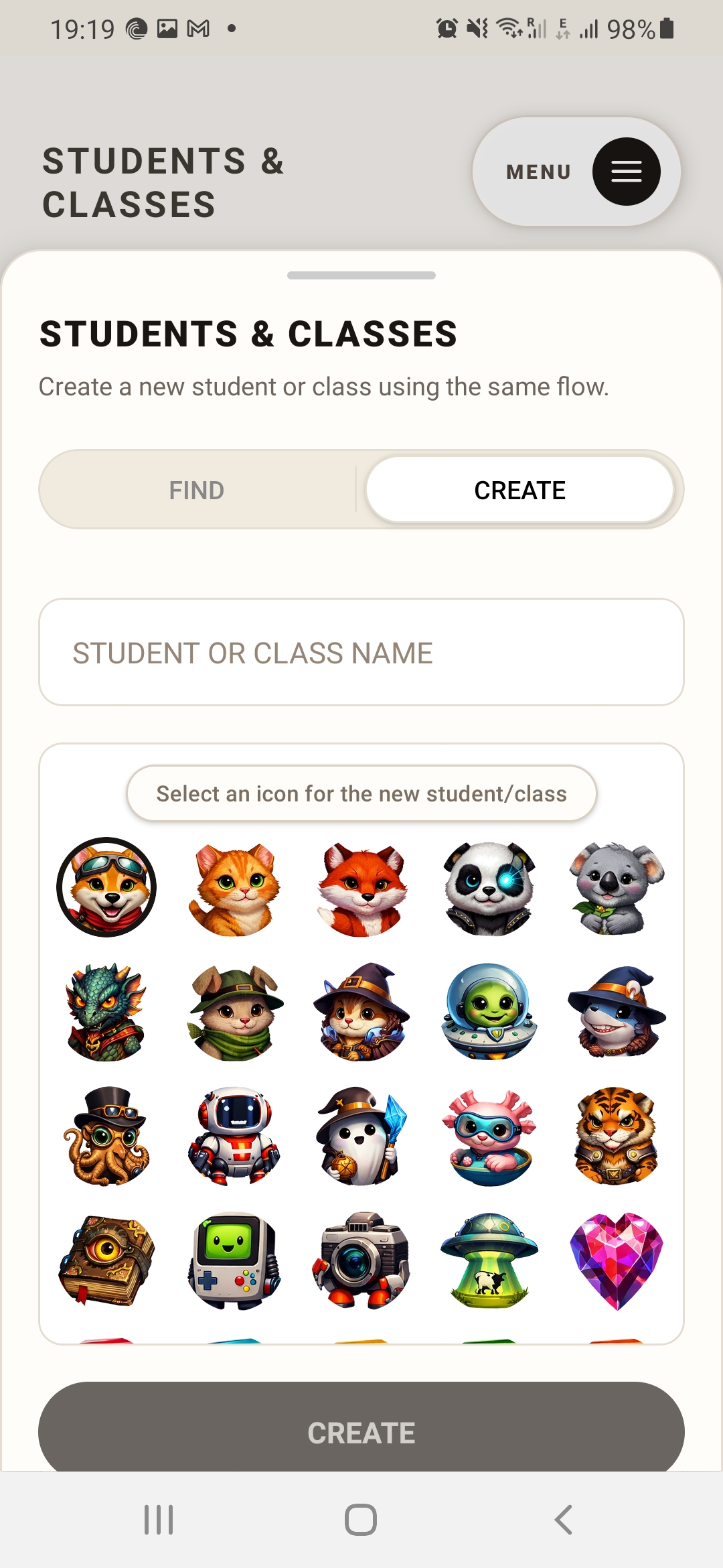 Ractorly create student or class screen
