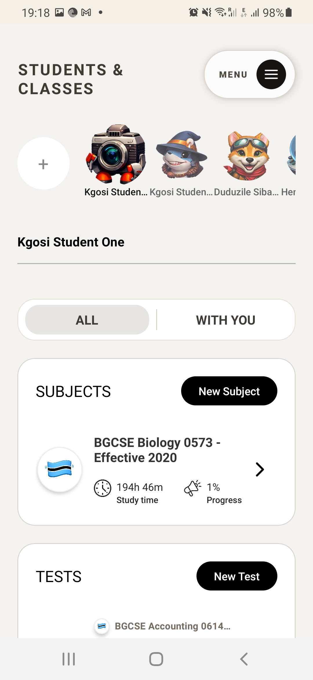 Ractorly students and classes screen on a mobile phone